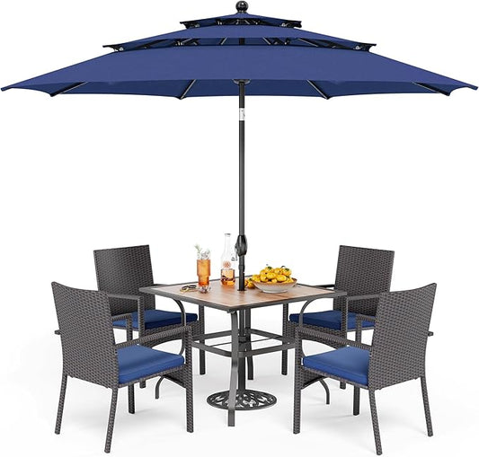 PHI VILLA 5 Piece Outdoor Dining Set with Umbrella for 4, 37" Square Metal Wood-top Dining Table & Wicker Rattan Chairs with Cushions & 10ft Blue Umbrella for Patio, Deck, Backyard, Porch