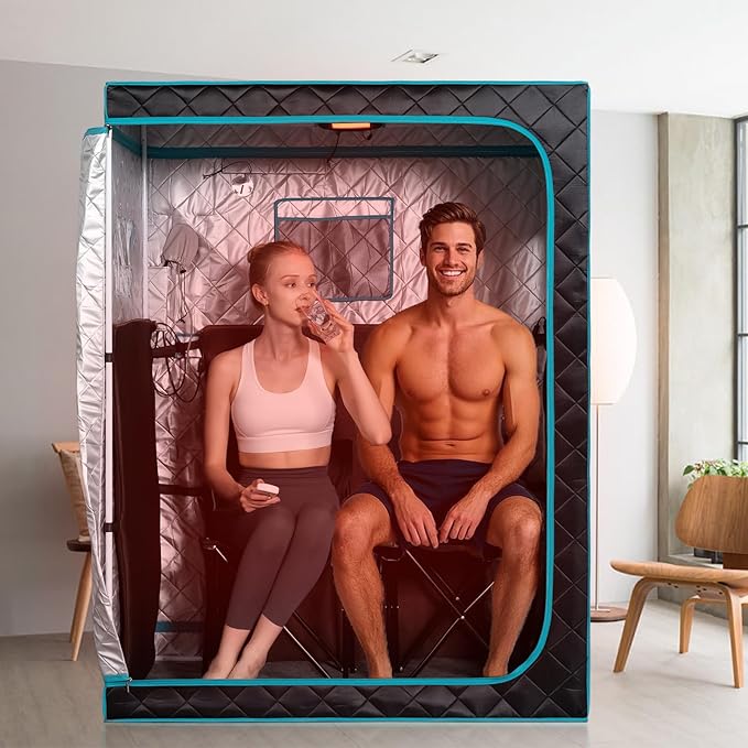 Smartmak Portable Far Infrared Sauna, Home Two Person Sauna Box with 660nm Red Light Therapy Lamp, X-Large Full Size Indoor SPA Tent for Body Recovery, Remote Control, 2 Folding Chairs, Blackgreen