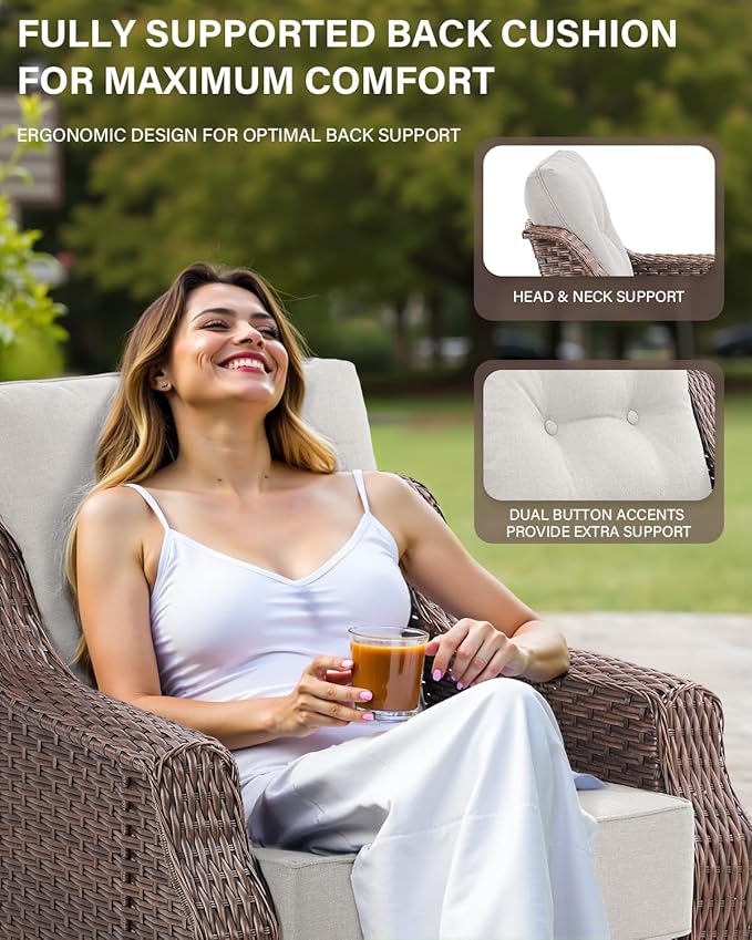 Belord Luxury 6-inch Thick Cushion Patio Furniture Set - Outdoor Swivel Rocker Glider Chairs Set of 4 with Glass Top Side Table, All-Weather Wicker Patio Conversation Set for Deck Balcony Sunroom