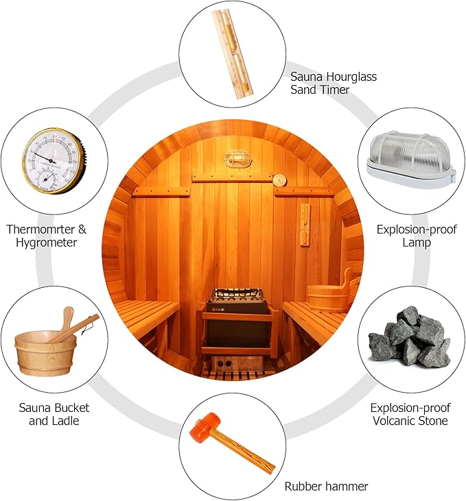 Outdoor Wooden Full Glass Door Barrel Sauna, 4 Person Sauna Room 220V， 6kw ETL Electric Heater， Accessories and Asphalt Shingle Roof (Helmock)