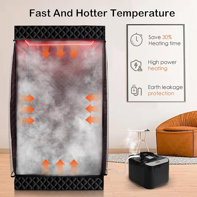 New UpgradeRed Light Collapsible Fridge Sauna Box for Relaxation,Detoxification,Portable Steam Sauna for Home with XL Steamer,16 Levels, 75”x 40”x40”，Double Doors，Larger Folding Chair, (Black)
