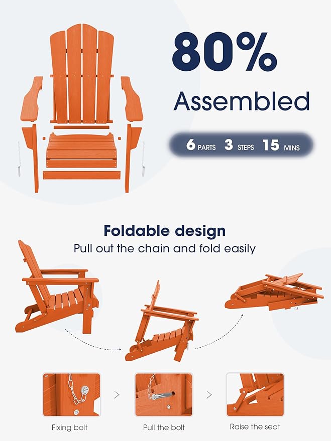 KINGYES Folding Adirondack Chair, HDPE All-Weather Patio Chairs, Wooden Textured Lawn Chair for Poolside, Backyard, Deck, Fire Pit, Orange