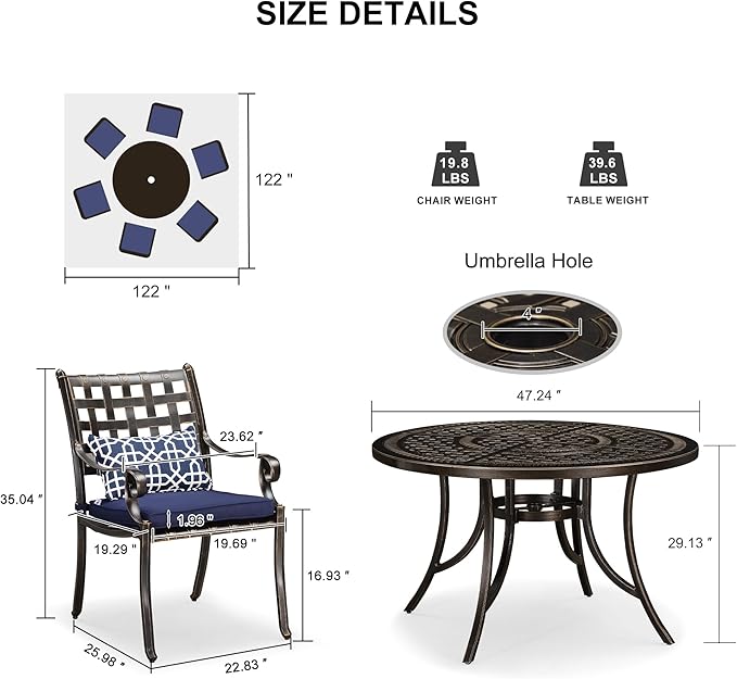 PURPLE LEAF 7 Pieces Patio Dining Set Cast Aluminum Patio Furniture with 6 Armchairs and 47" Round Table, Cushion and Pillow Included, for Lawn Yard Garden Outdoor Dining Set, Navy Blue