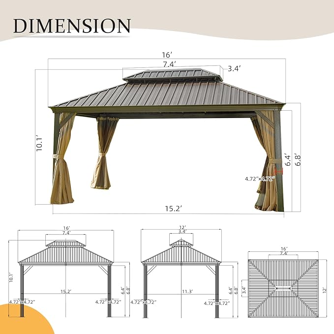 12' x 16' Hardtop Gazebo Outdoor Aluminum Gazebos Grill with Galvanized Steel Double Canopy for Patios Deck Backyard,Curtains&Netting by domi outdoor living