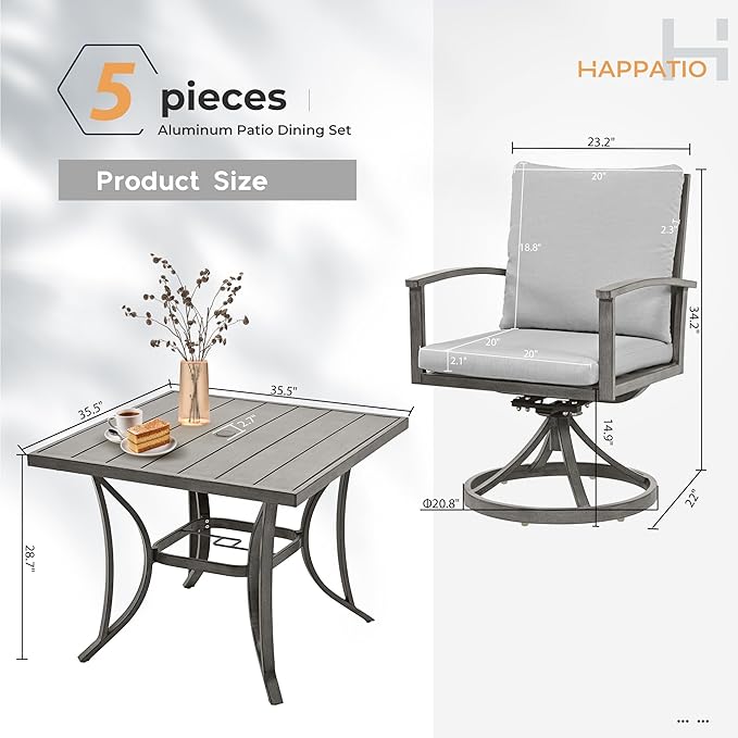 HAPPATIO 5-Piece Patio Outdoor Dining Set - All Aluminum Outdoor Patio Table and Chairs Set for 4 includes 1 Square Dining Table and 4 Swivel Dining Chairs, Patio Outdoor Dining Set for Lawn or Garden