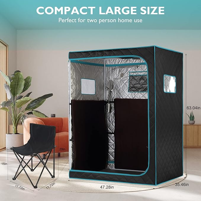 Smartmak Portable Far Infrared Sauna, Home Two Person Sauna Box with 660nm Red Light Therapy Lamp, X-Large Full Size Indoor SPA Tent for Body Recovery, Remote Control, 2 Folding Chairs, Blackgreen