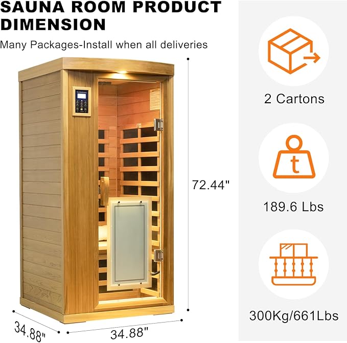 Infrared Sauna Home Sauna Box Deluxe 1 Person Red Cedar Indoor Far Infrared Sauna Room with LED Reading Light, Control System, Audio System, Bean Paste Red