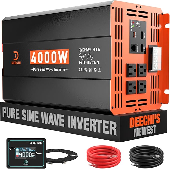 4000 Watt Pure Sine Wave Inverter 12V DC to 110V/120V AC Converter for RV/Truck/Home/Off-Grid Solar Car Power Inverter for Vehicles with 4 AC, 2 USB & 1 Type-C Ports, Hardwire Kit, Remote Controller