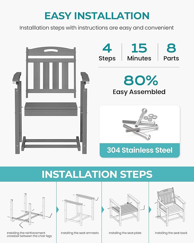 Set of 2 Weatherproof Patio Chairs - HDPE Outdoor Dining Chairs with Wide Seat, Ergonomic Design - for Garden, Backyard, Deck - Grey