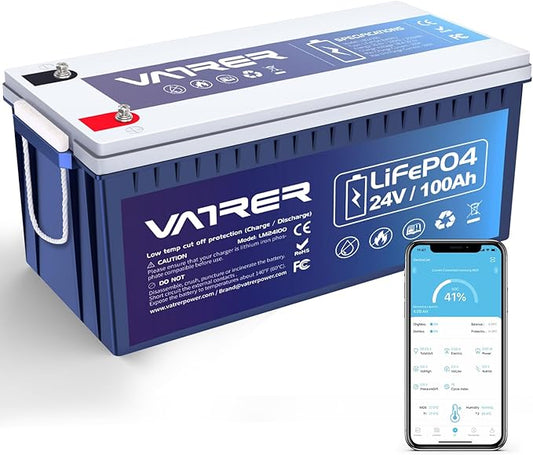 24V 100AH Bluetooth Low Temp Cutoff LiFePO4 Lithium Battery with 2560W, Built-in 100A BMS, 5000+ Cycles Rechargeable Deep Cycle Battery, for Camper, Solar Home and Off-Grid Applications