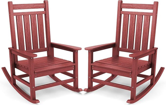 SERWALL Oversized Outdoor Rocking Chair Set of 2, HDPE Rocker for Adults, Patio Rocking Chairs for Porch, Crimson Red