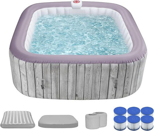 Inflatable Hot Tub for 4-6 Adults – Portable Blow Up Hot Tub with 130 Air Jets, FastFill System & Thermal Cover – Outdoor Spa Hot Tubs for Patio, Backyard & Travel Use (Laminated PVC Square)