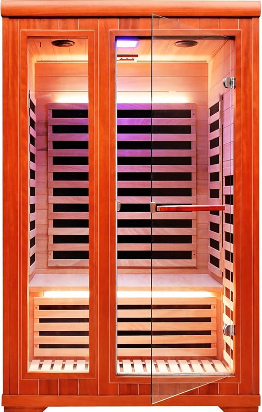2 Person Sauna Infrared Sauna Room Far Infrared for Sauna Home Indoor 1880W/110V Low-EMF Wood Okoume Dry Sauna Two Person Sauna with Air Hole, 7 Color Therapy, Speaker (47.2 * 41.3 * 74.8 in)