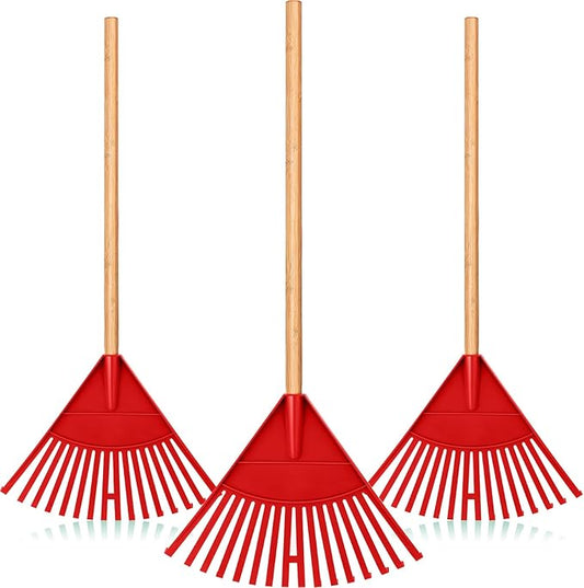 Macarrie Pack of 3 Kids Rakes with Hardwood Handle Lawn Garden Rake for Kids Gifts to Sweep Fall Leaves in Lawn and Tidying up The Garden Made of Wood and Plastic, 34.6 Inch(Red)
