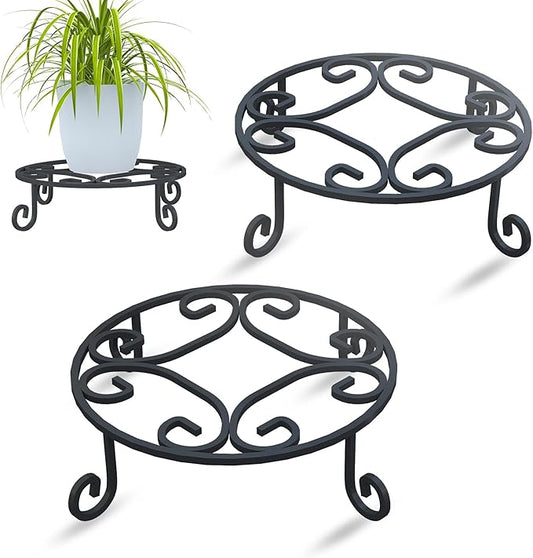 2 Pack 10” Diameter Metal Outdoor Plant Stand Indoor, Black Heavy Duty Potted Holder, Round Anti-Rust Wrought Iron Flower Planter Pot Display Stands for Home Garden