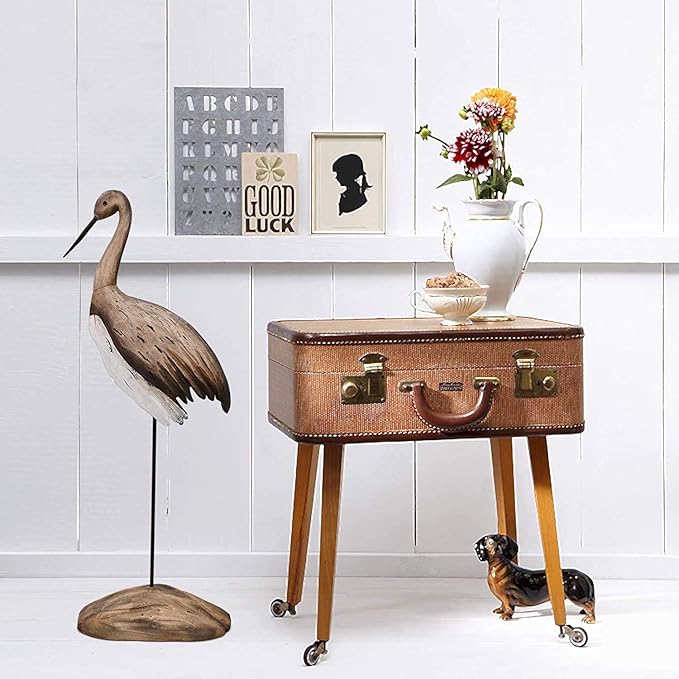 Morning View Wooden Crane Decor Wood Sea Birds Statue Bird Figurines Seabird Statue Standing Cranes Decorations Coastal Sculpture Nautical Beach Ocean Home Table Garden Yard Lawn Outdoor 24.5 Inch