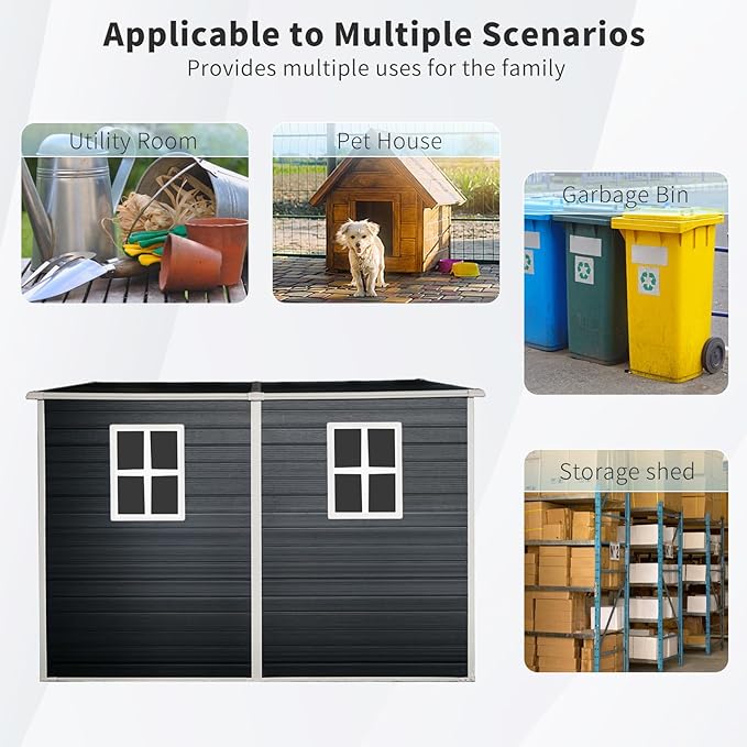 4x8 FT Resin Storage Sheds Outdoor with Floor, 2 Windows & Lockable Door Storage Shed - Waterproof Garden Tool Shed, Patio & Backyard Tool Storage Cabinet Use - Black