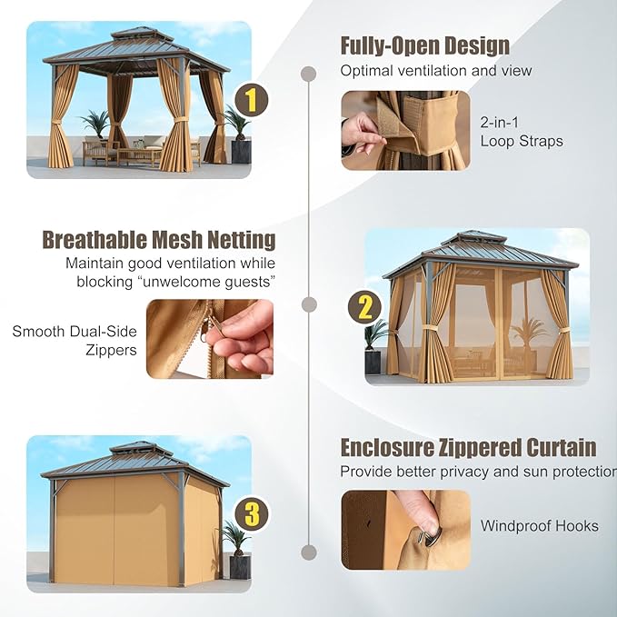Tangkula 10x10 FT Hardtop Gazebo, Permanent Pavilion Shelter with Netting & Curtain, Heavy-Duty Double Galvanized Metal Roof, Aluminum Frame, Outdoor Gazebo for Patio Garden Deck Lawn Backyard