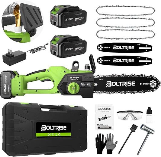 12 Inch Cordless Brushless Electric Chainsaw, 2 × 4.0Ah Batteries & Auto Oiler Security Lock, 42 FT/S Powered Compact HandHeld Chain Saw, for Tree Trimming, Wood Cutting Garden, Pruning