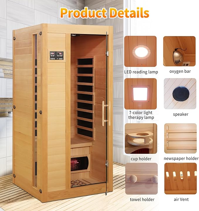 Far Infrared Sauna Home Low EMF, 1-2 Person Home Sauna Hemlock Wood Red Light Sauna with LED Control Panel, Tempered Glass Door, LED Reading Light and Speaker