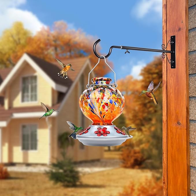 BOLITE Hummingbird Feeder, Hand Blown Glass Hummingbird Feeders for Outdoors Hanging, with 5 Feeding Ports, 22 Ounces, Peony Flower Shape, Orange, Gifts for Women Men, Gifts for Mom Dad
