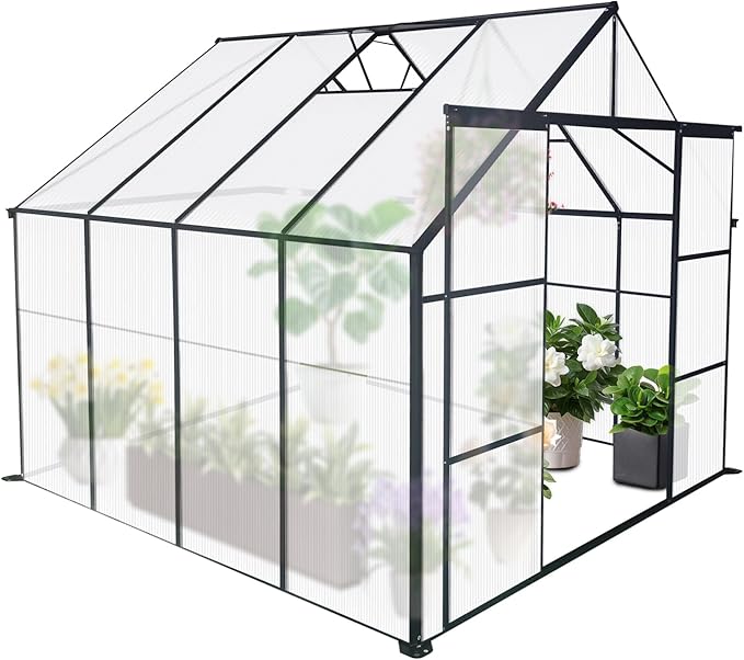 Favfurish 8X8 FT Greenhouses for Outdoors,Polycarbonate Greenhouse, Aluminum Heavy Duty Walk-in Green Houses, Adjustable Roof, Raised Base and Double Sliding Door for Outside Backyard, Black