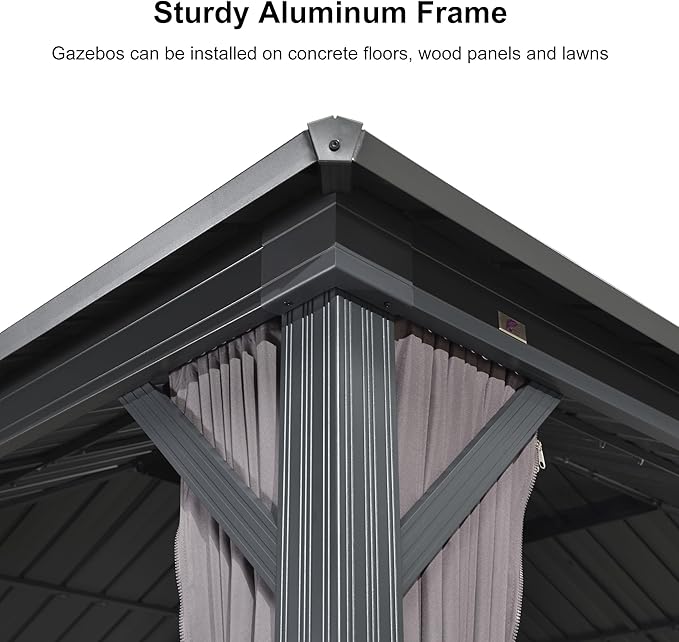 PURPLE LEAF 10'x12' Hardtop Gazebo with Lights UV-Protected Aluminum Double Roof Galvanized Steel Frame Outdoor Patio Gazebo Including Netting and Curtains for Deck Garden Backyard Grey