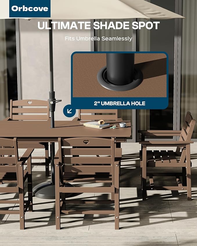 Patio Table and Chairs Set with Umbrella Hole, HDPE Patio Dining Set for 4, Outdoor Dining Set for Lawn, Patio, Porch, Deck, Poolside, Yard (Teak, 5-Piece)