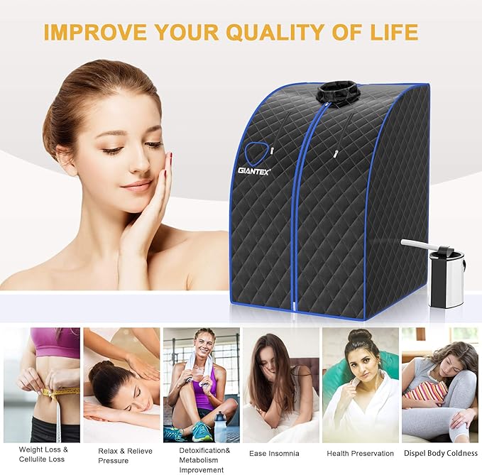 Giantex Portable Steam Sauna, Personal Therapeutic Sauna for Detox, Temperature & Timer Adjustable, 800W Sauna Box Spa w/Chair, 3L Steamer,Massage Roller,Mat,Remote Control, Home Sauna Tent (Black)