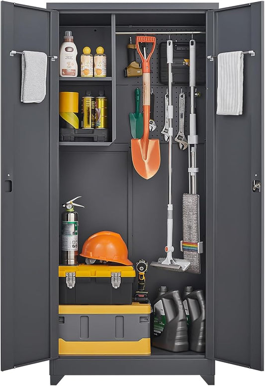 GREATMEET 72.8" Outdoor Broom Storage Cabinet, Waterproof Outdoor Narrow Storage Shed, Metal Storage Cabinets for Cleaning Supplies with Slanted Roof, Utility Closet, Broom Mop Storage Cabinet, Grey