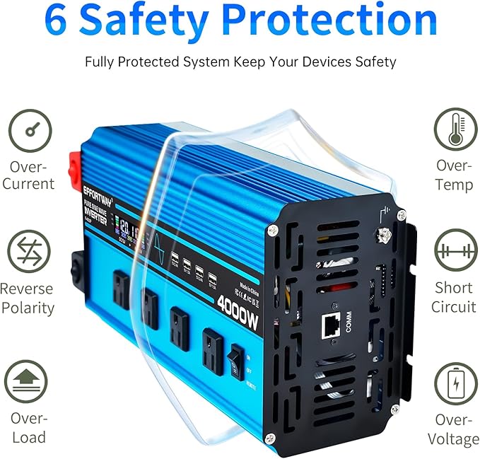 4000w Pure sine Wave Inverter DC 12V to AC 110V/120V Converter, 8000w (Peak) with LCD Display, Wireless/Wired Remote Control, 4AC outlets and 4USB.Ideal for Camping, RV Travel, Off-Grid Solar Systems