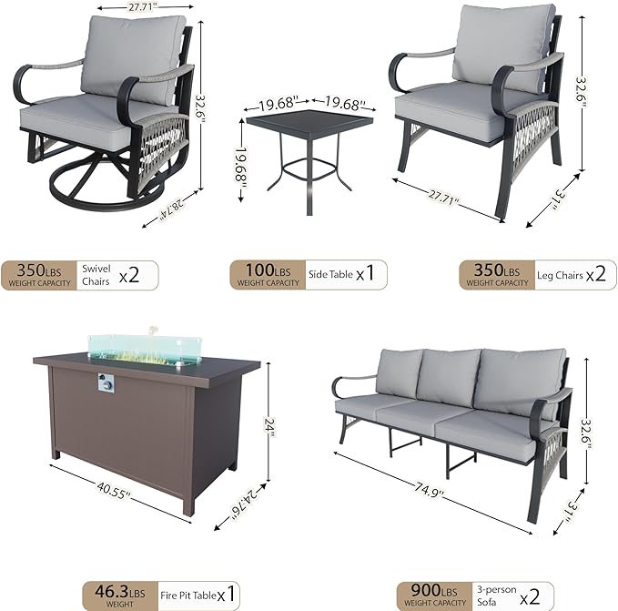 8 Pieces Patio Conversation Sets, All Weather Metal Outdoor Furniture Set, 2 Three-Seater, 2 Swivel Rockers, 2 Single Chairs, 1 Side Tables, 1 Fire Pit Table for Backyard Garden Deck Porch, Gray