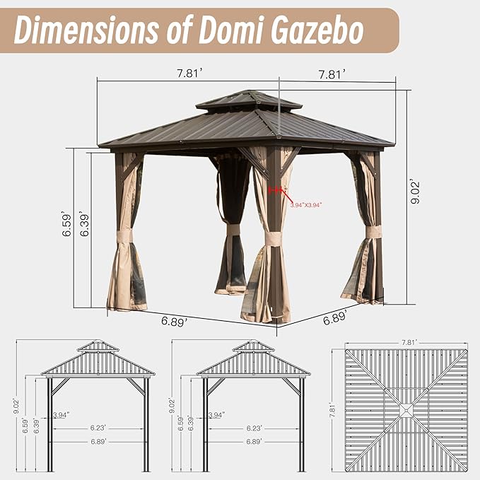 Domi 8' x 8' Hardtop Gazebo Permanent Metal Gazebo with Galvanized Steel Double Roof, Curtains and Netting for Party, Wedding, Outdoor Dining, Patio, Backyard, Brown