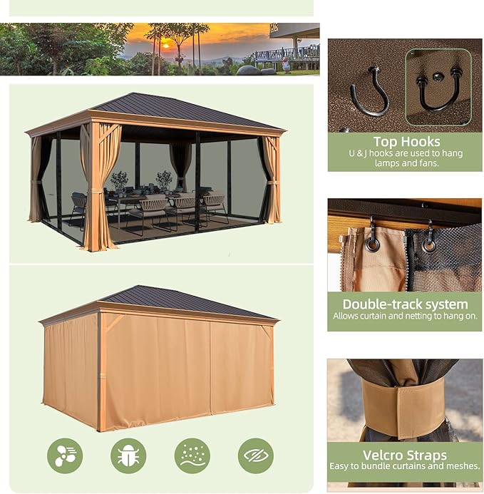 YOLENY 12' x 16' Hardtop Gazebo, Wood Looking Gazebo with Aluminum Frame and Single Galvanized Steel Roof, Outdoor Permanent Metal Pavilion with Curtains and Nettings for Deck, Backyard and Patio