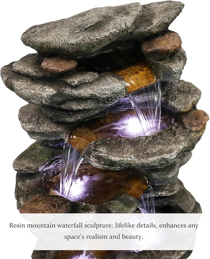 SunJet 40" High 6-Tiers Cascading Rock Outdoor Water Fountain with LED Lights - Large Outdoor Fountains and Waterfalls for Garden or Patio, Yard, and Deck Decor, Featuring Natural Stone Look