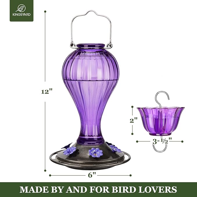 Kingsyard 2 Pack Glass Hummingbird Feeder 24 Ounces, 6 Feeding Ports, Hanging Bird Nectar Feeder for Outdoors Garden Yard Décor, Ant Moat Included, Purple
