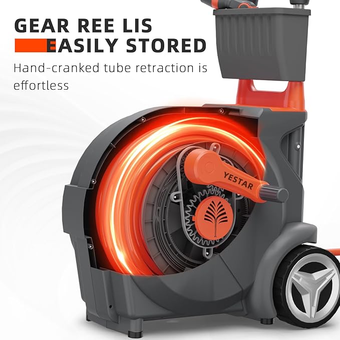 Hand-Crank Garden Hose Reel 1/2" x 130ft, Heavy Duty Garden Water Hose Reel, Removable, Any Length Lock, Hand Crank Effortless Rewind System, 4-Pattern Nozzle