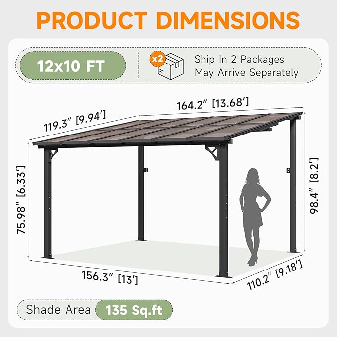 10x12FT Lean to Gazebo, Hardtop Metal Pergola with Polycarbonate Roof, Large Wall Mounted Heavy Duty Awnings, Patio Canopy for Backyard, Deck, Porch