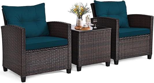 ORALNER 3 Pieces Patio Furniture Set, Outdoor Wicker Conversation Set Rattan Chairs with Cushions, Glass Coffee Table, Bistro Set for Front Porch Balcony Garden Deck Poolside (Peacock Blue)