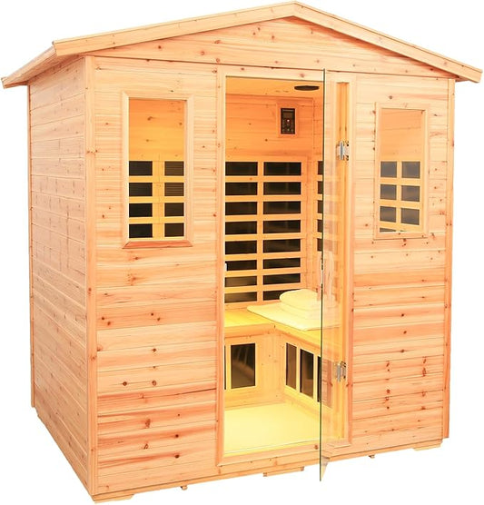 Fir Wood 5-6 Person Low emf Far Infrared Outdoor Sauna, Indoor/Outdoor Wooden Sauna, Withstand Temp -5℉-104℉ with 18 Low EMF Heating Panels & Reading Lights & Chromotherapy Lights & Bluetooth Speaker