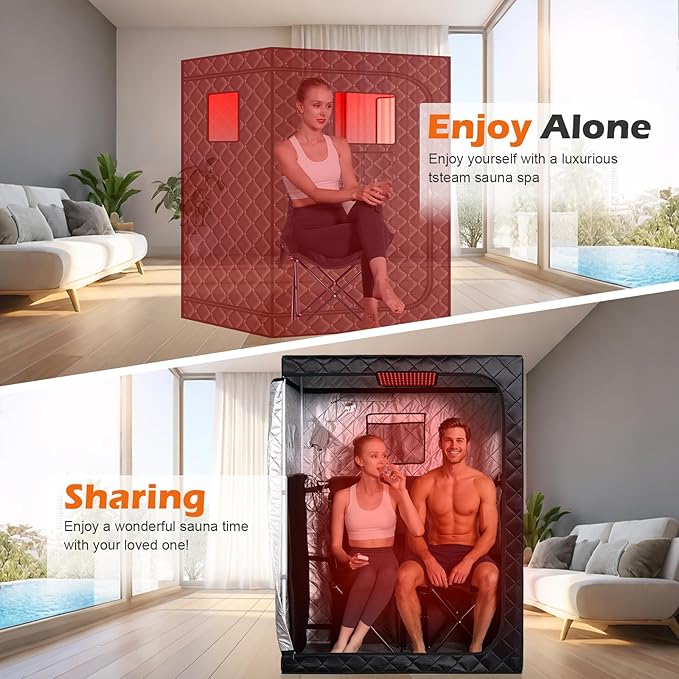 Smartmak Two Person Portable Far Infrared Sauna with 660nm Red Light Therapy Lamp, X-Large Sauna Box, 6 Heaters, Full Size Indoor SPA Room for Home Relaxaion, Remote Control, 2 Big Folding Chairs