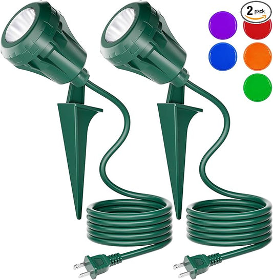 120V LED Outdoor Christmas Spotlights, 5 Extra Lenses (RGB Purple Blue), 7.5W 800LM Waterproof Spotlight Outdoor, Plug-In Landscape Light for Yard, Halloween, Christmas, Tree Flag Light, ETL Listed