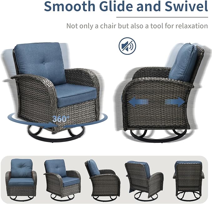 3 Pieces Patio Furniture Set, Outdoor Swivel Rocking Chair Set of 2 with Side Table - 360° Swivel, Thick Cushions, All-Weather Bistro Set for Deck, Porch, Pool(Navy, Grey Full-Weave Rattan)