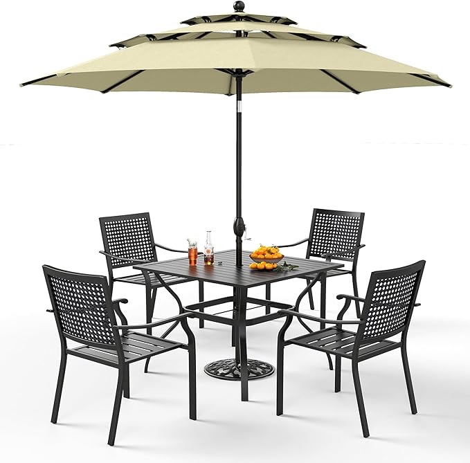 PHI VILLA 5 Pieces Patio Dining Set for 4 with 10ft Patio Umbrella, Metal Outdoor Stackable Wrought Iron Chair Set of 4 & 37" Metal Dining Table,3 Tier Vented Market Table Beige Umbrella