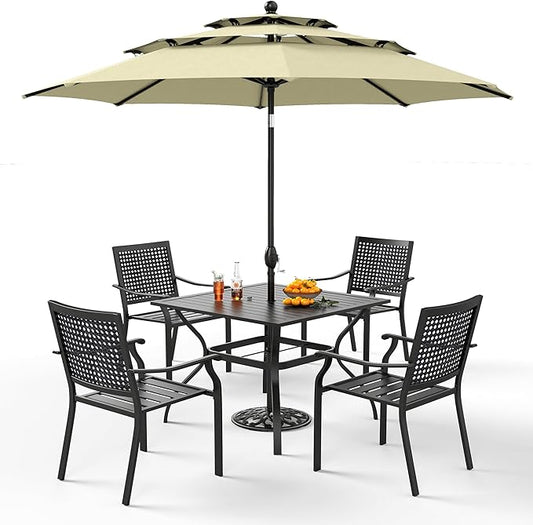 PHI VILLA 5 Pieces Patio Dining Set for 4 with 10ft Patio Umbrella, Metal Outdoor Stackable Wrought Iron Chair Set of 4 & 37" Metal Dining Table,3 Tier Vented Market Table Beige Umbrella