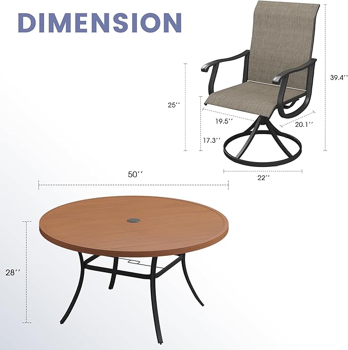 VICLLAX 7 Pieces Outdoor Dining Set, Patio Furniture Set of 6 Patio Swivel Dining Chairs and 50" Patio Round Table, Mixed Brown Chairs & Walnut Tabletop