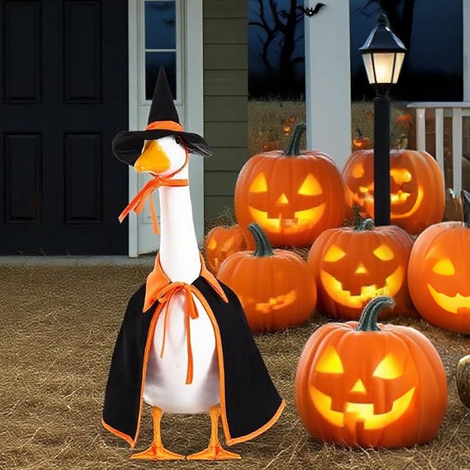 Halloween Porch Goose Outfit Set for 23'' Plastic Statue Lawn Porch Goose Clothes with Cloak Hat Costume for Indoor Outdoor Patio Yard Lawn Art Decor(Orange)