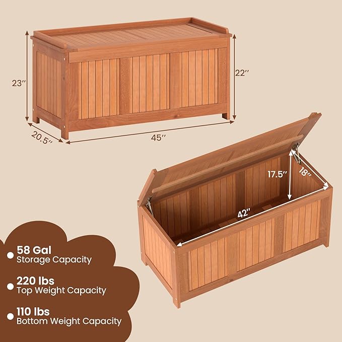 RELAX4LIFE Wood Deck Box, 58 Gallon Backyard Storage Bin Container for Patio Furniture Cushions, Pillows, Garden Tools, Pool Accessories, Wooden Porch Bench, Indoor Outdoor Storage Box (58 Gal)