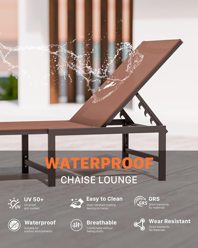 Chaise Lounge Chair Outdoor,Aluminum Patio Lounge Chairs Set of 2,Pool Lounge Chairs with 5 Adjustable Backrest and Headrest Pillows for Outside Beach，Brown