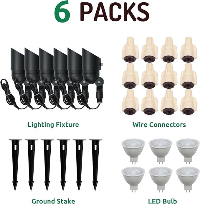 Lumina Lighting® 5W Landscape lighting 12V Landscape Lights Low Voltage Landscape Spotlights Warm White Waterproof Outdoor Replaceable LED Bulb for Garden, Lawn, Porch, Patio and Yard (Black) (6-Pack)